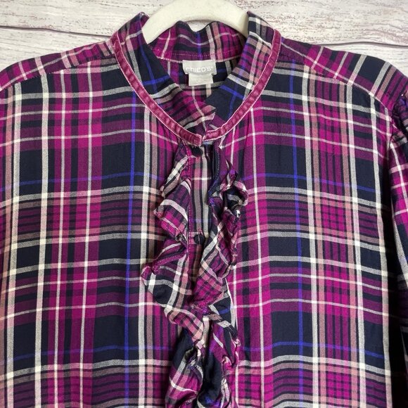Chico's Women's Plaid  Flannel Top Size 4‎ (20/22) Ruffled Velvet Trim Collar - Picture 2 of 16